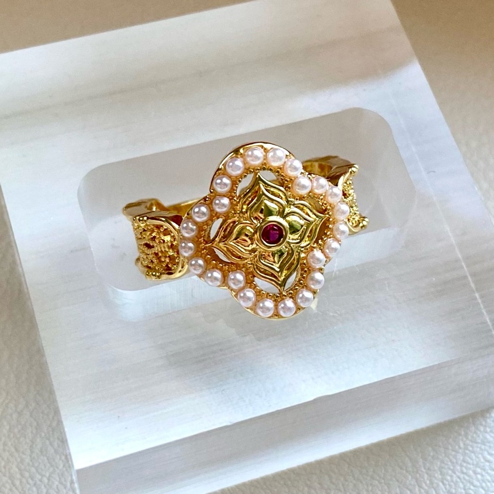 Gold-Tone Pearl & Ruby Accent Statement Ring